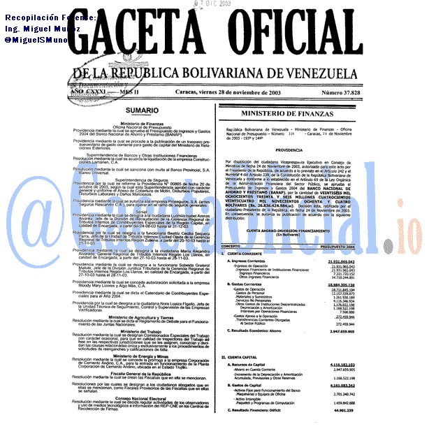 Gaceta Oficial 37828 del 28 Noviembre 2003