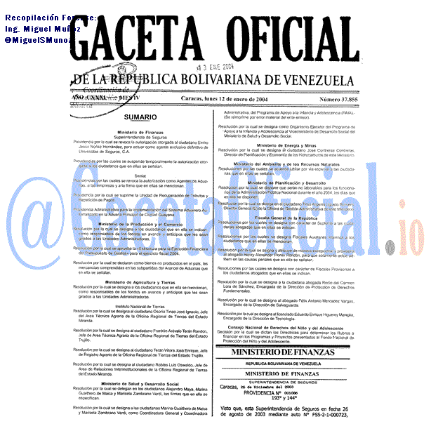 Gaceta Oficial 37855 del 12 Enero 2004