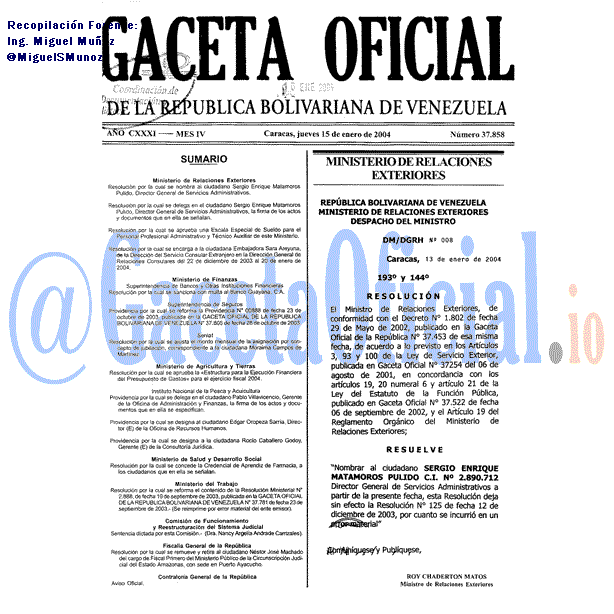 Gaceta Oficial 37858 del 15 Enero 2004