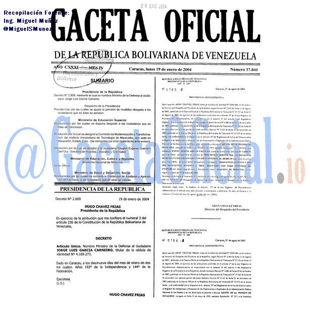 Gaceta Oficial 37860 del 19 Enero 2004