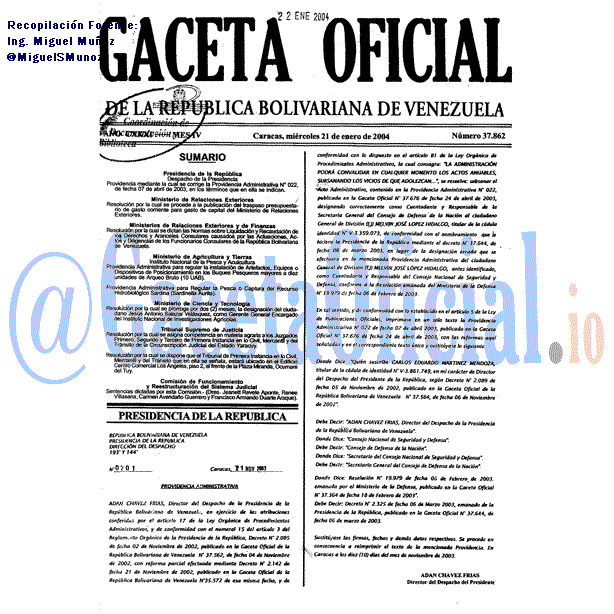 Gaceta Oficial 37862 del 21 Enero 2004