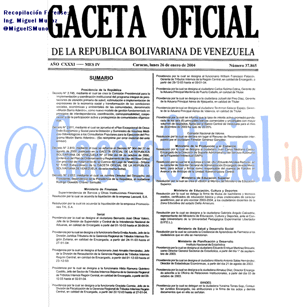 Gaceta Oficial 37865 del 26 Enero 2004