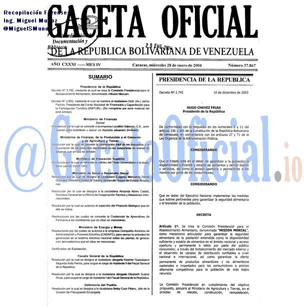 Gaceta Oficial 37867 del 28 Enero 2004