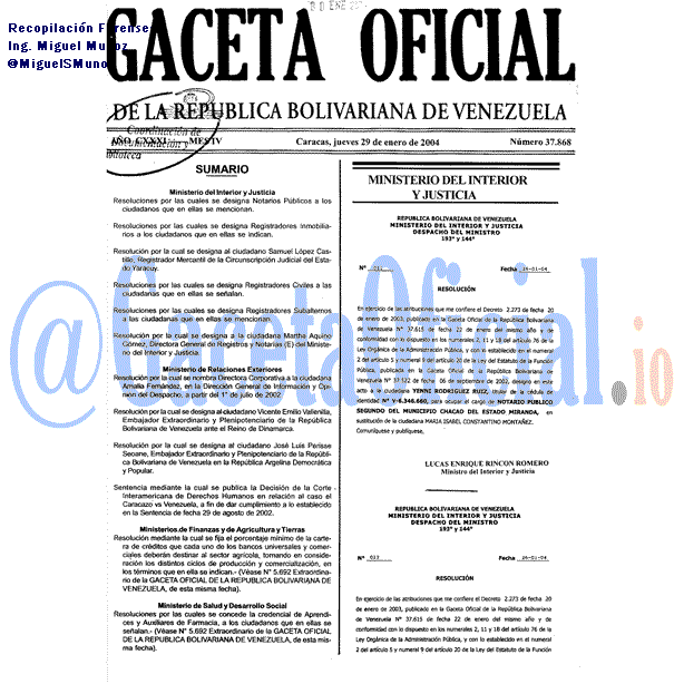 Gaceta Oficial 37868 del 29 Enero 2004