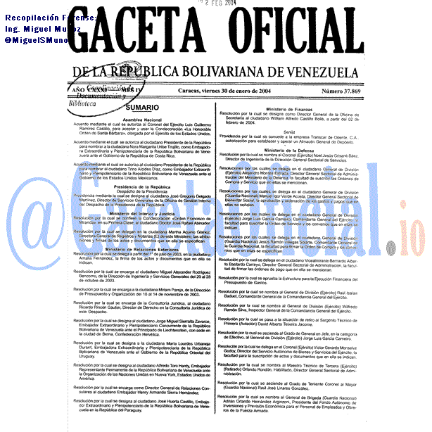 Gaceta Oficial 37869 del 30 Enero 2004