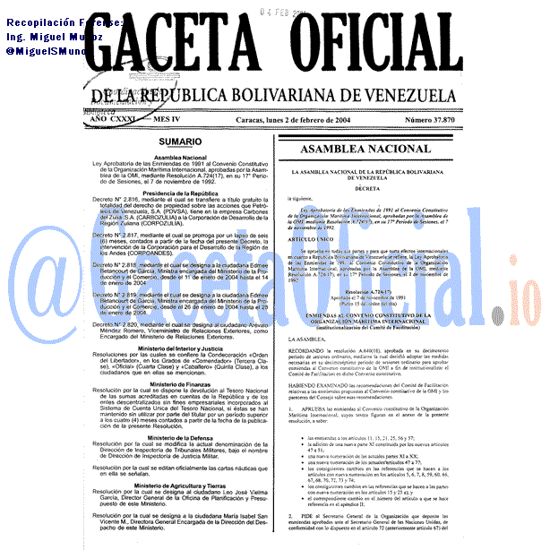 Gaceta Oficial 37870 del 2 Febrero 2004