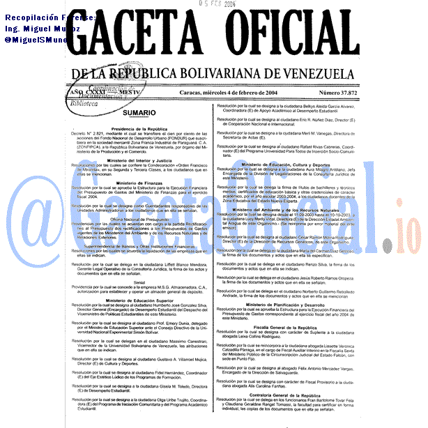 Gaceta Oficial 37872 del 4 Febrero 2004