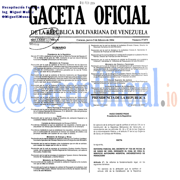Gaceta Oficial 37873 del 5 Febrero 2004