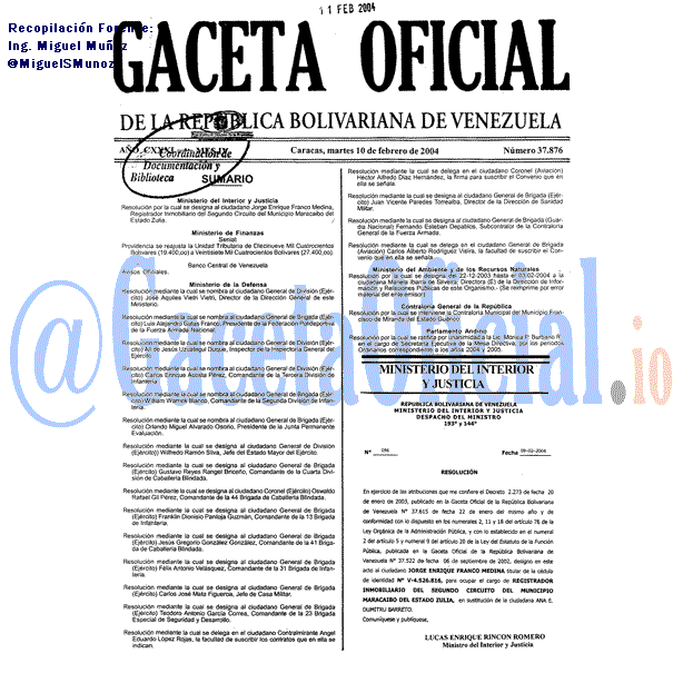 Gaceta Oficial 37876 del 10 Febrero 2004