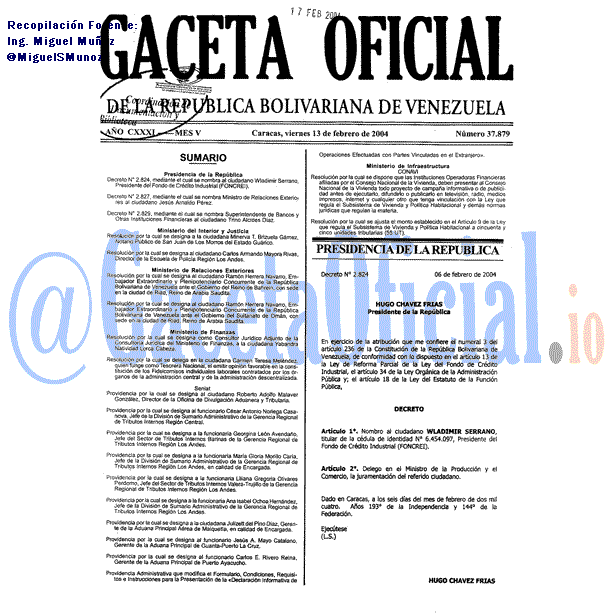 Gaceta Oficial 37879 del 13 Febrero 2004