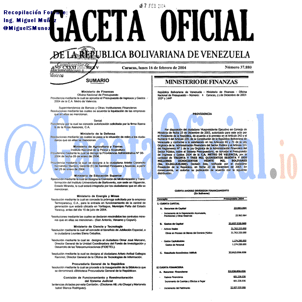 Gaceta Oficial 37880 del 16 Febrero 2004