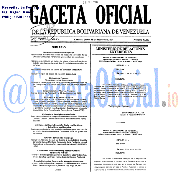 Gaceta Oficial 37883 del 19 Febrero 2004