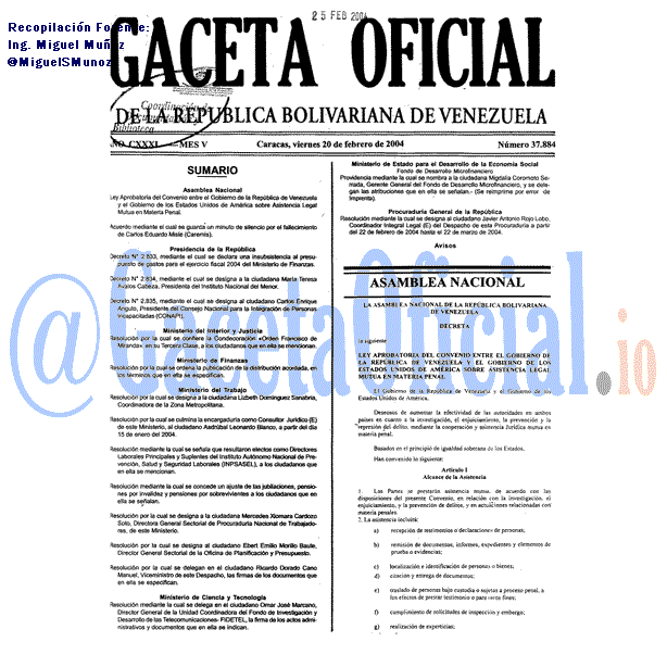 Gaceta Oficial 37884 del 20 Febrero 2004