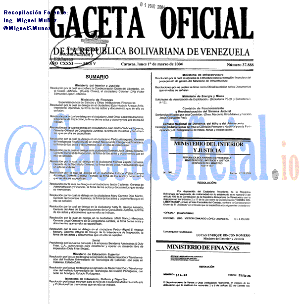 Gaceta Oficial 37888 del 1 Marzo 2004