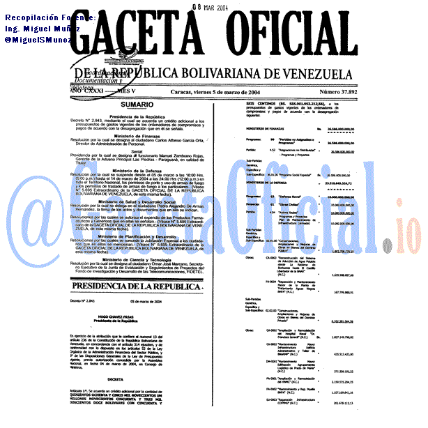Gaceta Oficial 37892 del 5 Marzo 2004