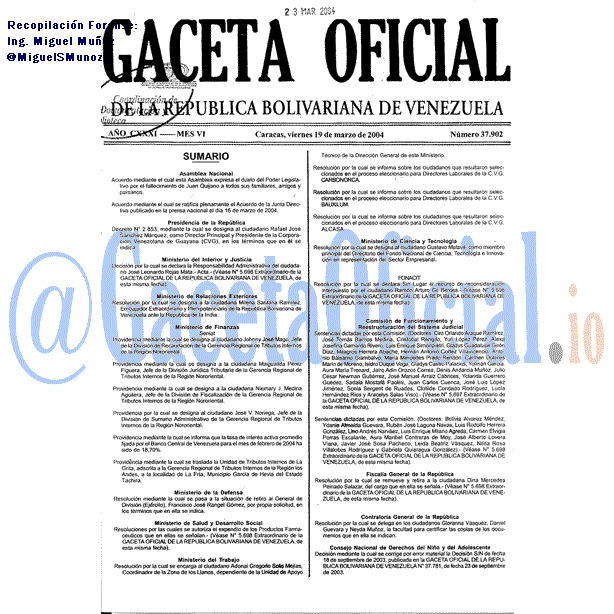 Gaceta Oficial 37902 del 19 Marzo 2004
