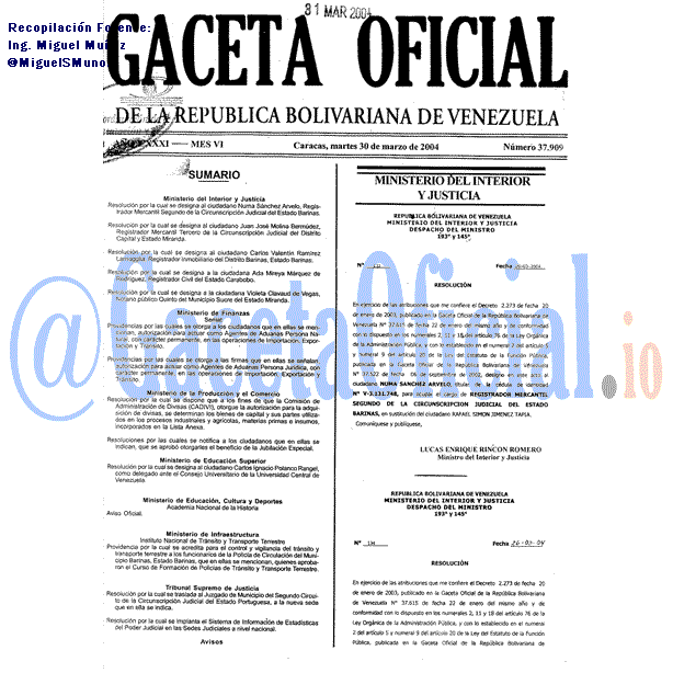 Gaceta Oficial 37909 del 30 Marzo 2004
