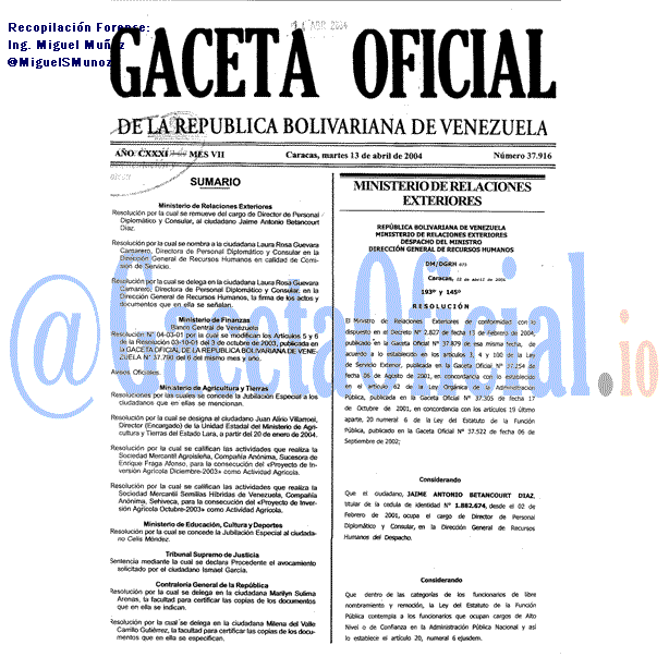 Gaceta Oficial 37916 del 13 Abril 2004