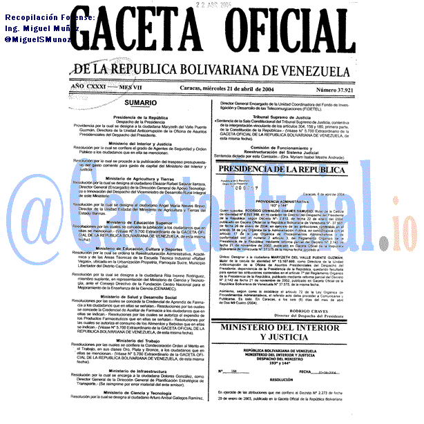 Gaceta Oficial 37921 del 21 Abril 2004