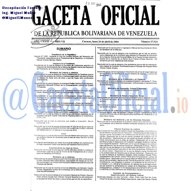 Gaceta Oficial 37924 del 26 Abril 2004