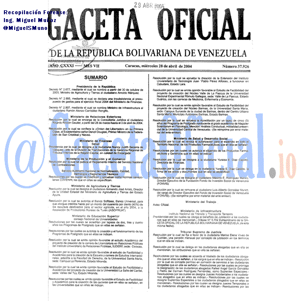 Gaceta Oficial 37926 del 28 Abril 2004