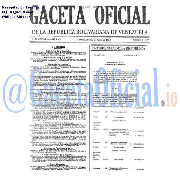 Gaceta Oficial 37929 del 3 Mayo 2004