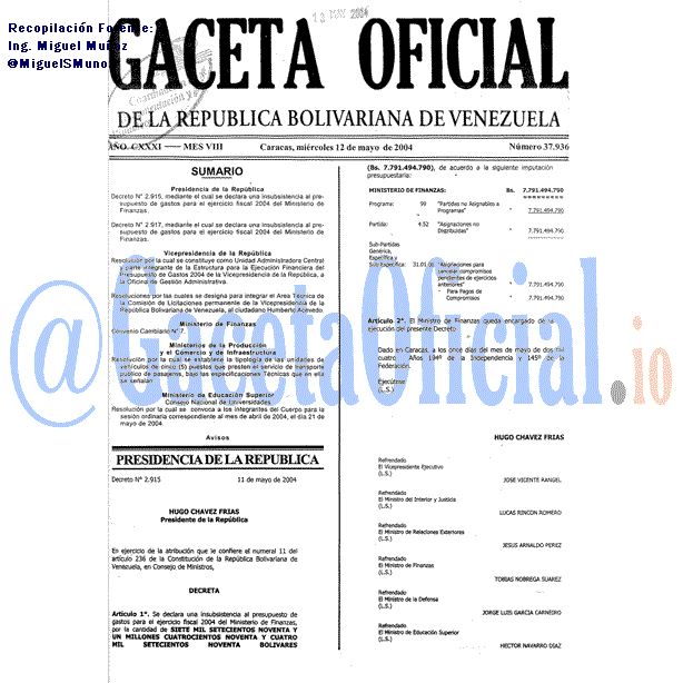 Gaceta Oficial 37936 del 12 Mayo 2004