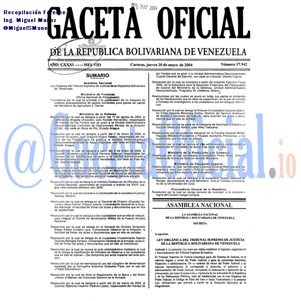 Gaceta Oficial 37942 del 20 Mayo 2004