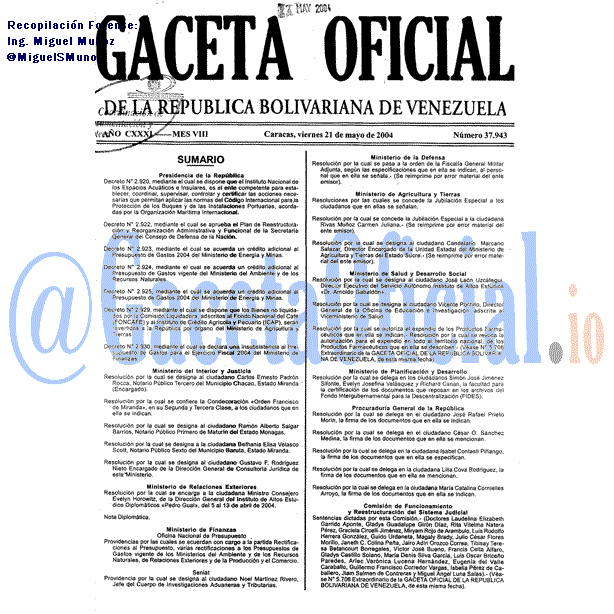 Gaceta Oficial 37943 del 21 Mayo 2004