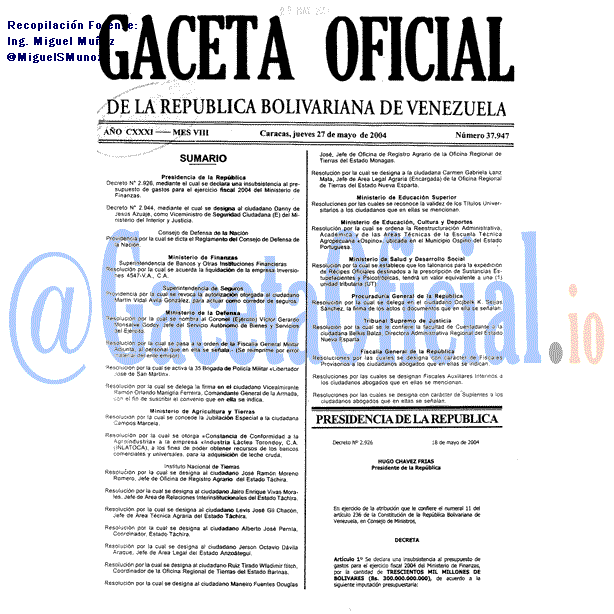 Gaceta Oficial 37947 del 27 Mayo 2004