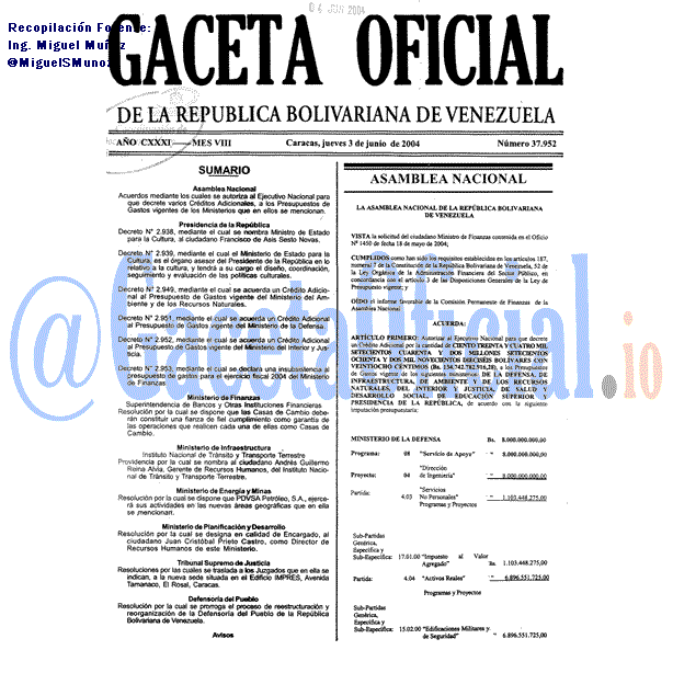 Gaceta Oficial 37952 del 3 Junio 2004