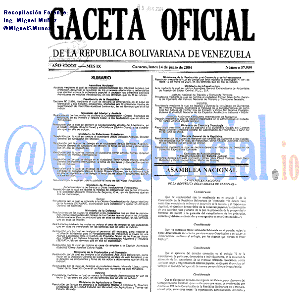 Gaceta Oficial 37959 del 14 Junio 2004