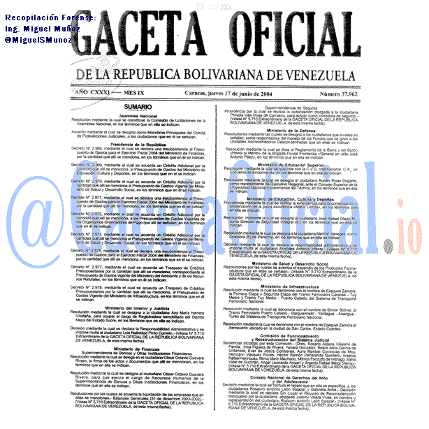 Gaceta Oficial 37962 del 17 Junio 2004