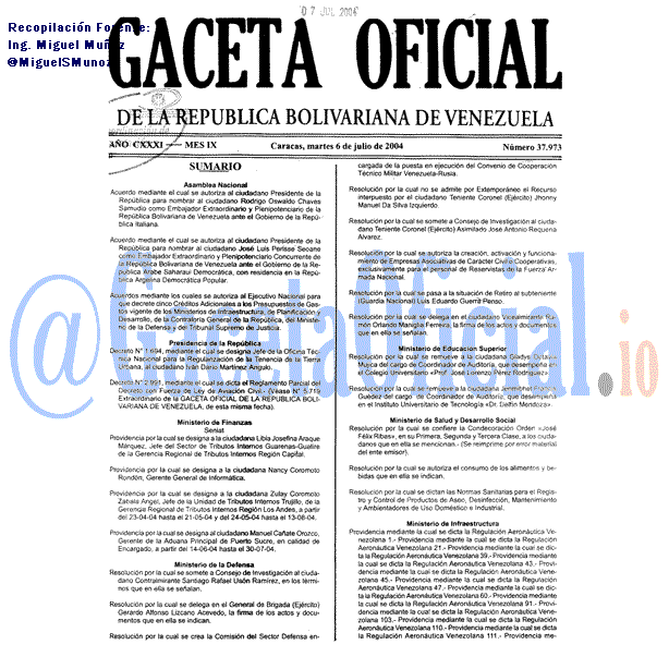 Gaceta Oficial 37973 del 6 Julio 2004