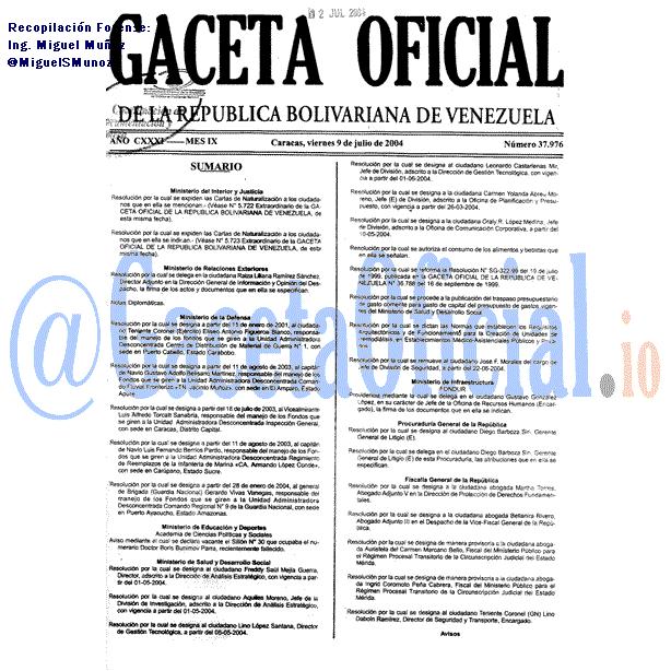 Gaceta Oficial 37976 del 9 Julio 2004