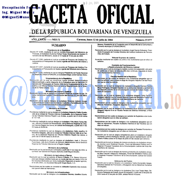 Gaceta Oficial 37977 del 12 Julio 2004