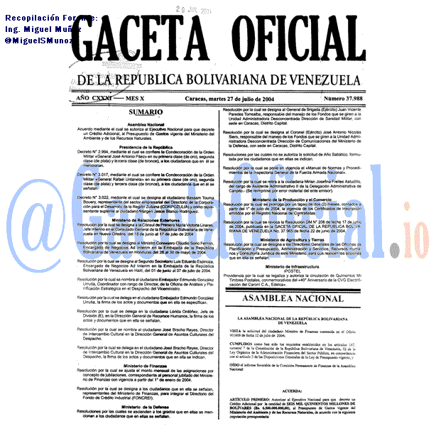 Gaceta Oficial 37988 del 27 Julio 2004