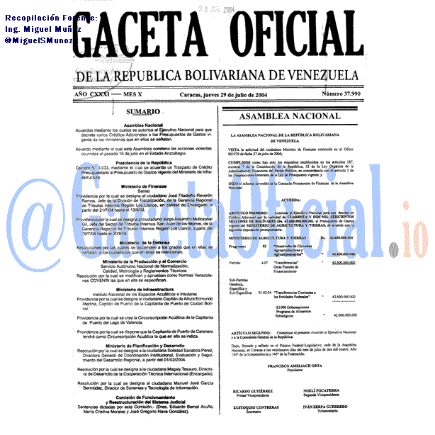 Gaceta Oficial 37990 del 29 Julio 2004