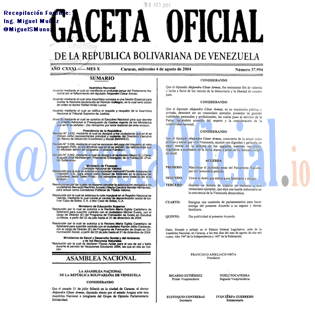 Gaceta Oficial 37994 del 4 Agosto 2004
