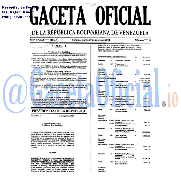 Gaceta Oficial 37998 del 10 Agosto 2004