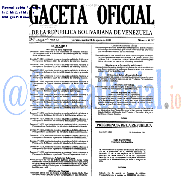 Gaceta Oficial 38007 del 24 Agosto 2004