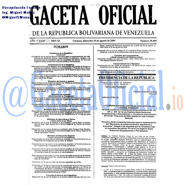 Gaceta Oficial 38008 del 25 Agosto 2004
