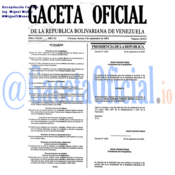 Gaceta Oficial 38015 del 3 Septiembre 2004