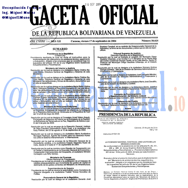 Gaceta Oficial 38025 del 17 Septiembre 2004