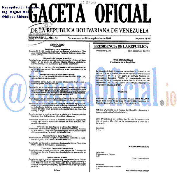Gaceta Oficial 38032 del 28 Septiembre 2004