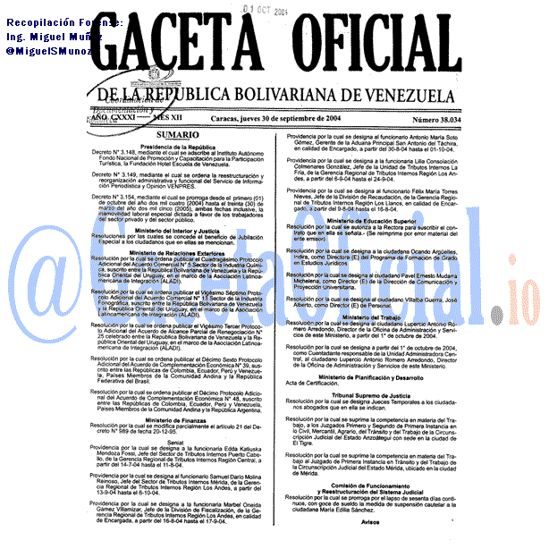 Gaceta Oficial 38034 del 30 Septiembre 2004