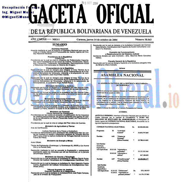 Gaceta Oficial 38043 del 14 Octubre 2004