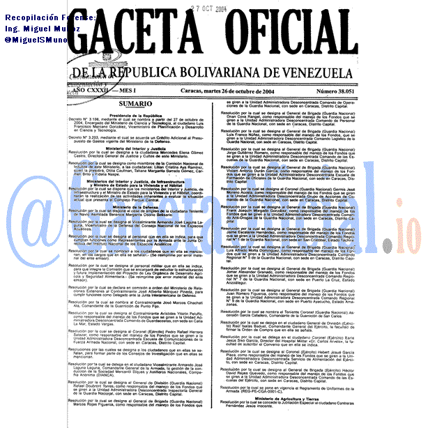 Gaceta Oficial 38051 del 26 Octubre 2004