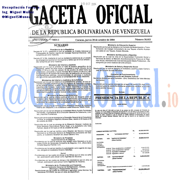 Gaceta Oficial 38053 del 28 Octubre 2004