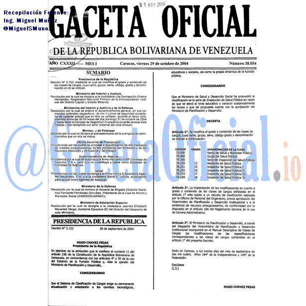 Gaceta Oficial 38054 del 29 Octubre 2004